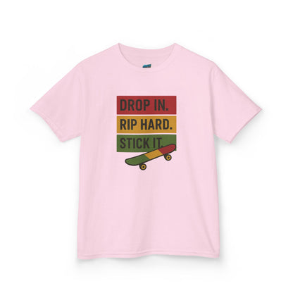 Drop In. Rip Hard. Stick It. Skateboarding Girls' Heavy Cotton T-Shirt