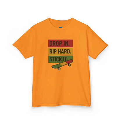 Drop In. Rip Hard. Stick It. Skateboarding Boys' Heavy Cotton T-Shirt