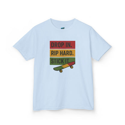 Drop In. Rip Hard. Stick It. Skateboarding Girls' Heavy Cotton T-Shirt