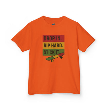 Drop In. Rip Hard. Stick It. Skateboarding Boys' Heavy Cotton T-Shirt