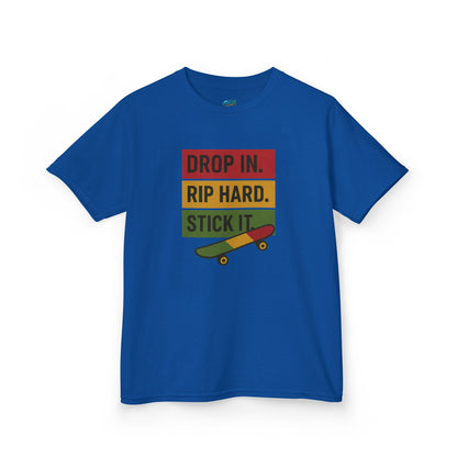 Drop In. Rip Hard. Stick It. Skateboarding Boys' Heavy Cotton T-Shirt