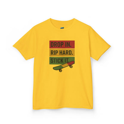Drop In. Rip Hard. Stick It. Skateboarding Boys' Heavy Cotton T-Shirt