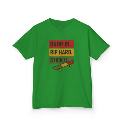 Drop In. Rip Hard. Stick It. Skateboarding Boys' Heavy Cotton T-Shirt
