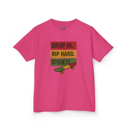 Drop In. Rip Hard. Stick It. Skateboarding Girls' Heavy Cotton T-Shirt
