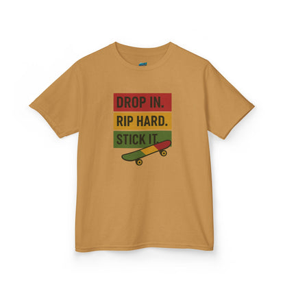 Drop In. Rip Hard. Stick It. Skateboarding Boys' Heavy Cotton T-Shirt